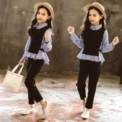 3 Pcs Shirt+vest+pant(cotton) Winter Dress For Girls Colors: Blue